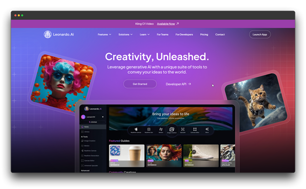 The landing page for Leonardo.Ai, which showcases "Creativity, Unleashed" through a suite of AI image generator tools. The interface displays a realistic AI image generator dashboard with options for image creation and motion, utilizing advanced AI Image Generators.