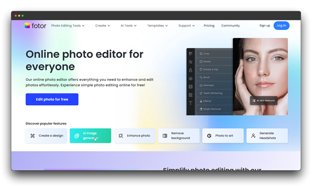 Screenshot of the Fotor online photo editor, with a clear button for 'AI Image Generator' and a visual showing photo retouching. This highlights Fotor's capability as an AI Image Generator within a broader photo editing suite, aiming for high-quality results."