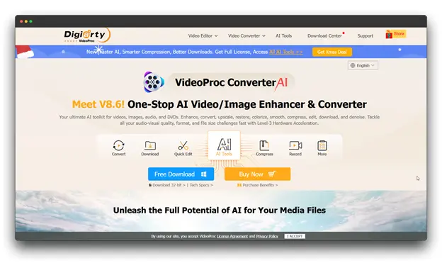 VideoProc Converter AI dashboard showing AI video and image enhancement tools used alongside Photo Restoration Software: Best Photo Restoration : Photo Restoration Software for Professionals