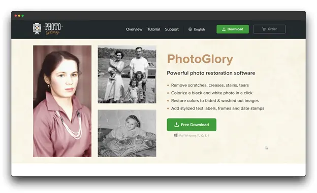 PhotoGlory photo restoration software interface displaying old photo repair and colorization features with Photo Restoration Software: Best Photo Restoration : Photo Restoration Software for Professionals