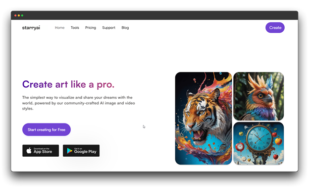 Screenshot of the Starryai website, promoting 'Create art like a pro' with vibrant AI-generated images of a tiger, a colorful bird, and whimsical clocks. The site highlights its community-crafted AI image and video styles, presenting Starryai as a strong candidate for a Best High-Quality AI Image Generator