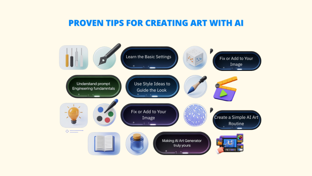 A collage of illustrated tips and concepts related to improving AI Creations, including learning basic settings, understanding prompt engineering, and using style ideas for AI Art Generators. keywords: "Al Art Generators; Al Creations"