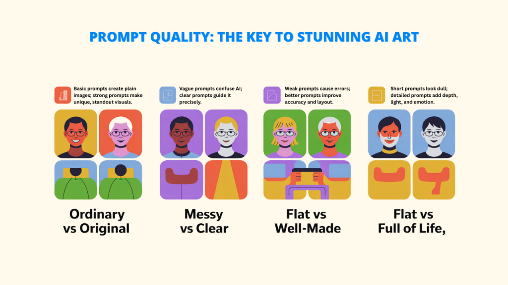 Alt Text: A comparative diagram illustrating the difference between various types of AI image prompts, including "Ordinary vs Original", "Messy vs Clear", "Flat vs Well-Made", and "Flat vs Full of Life". The image displays different cartoon faces and body shapes to demonstrate the concepts. Keywords: AI Image Generator Prompt Guide, AI Image Generator.