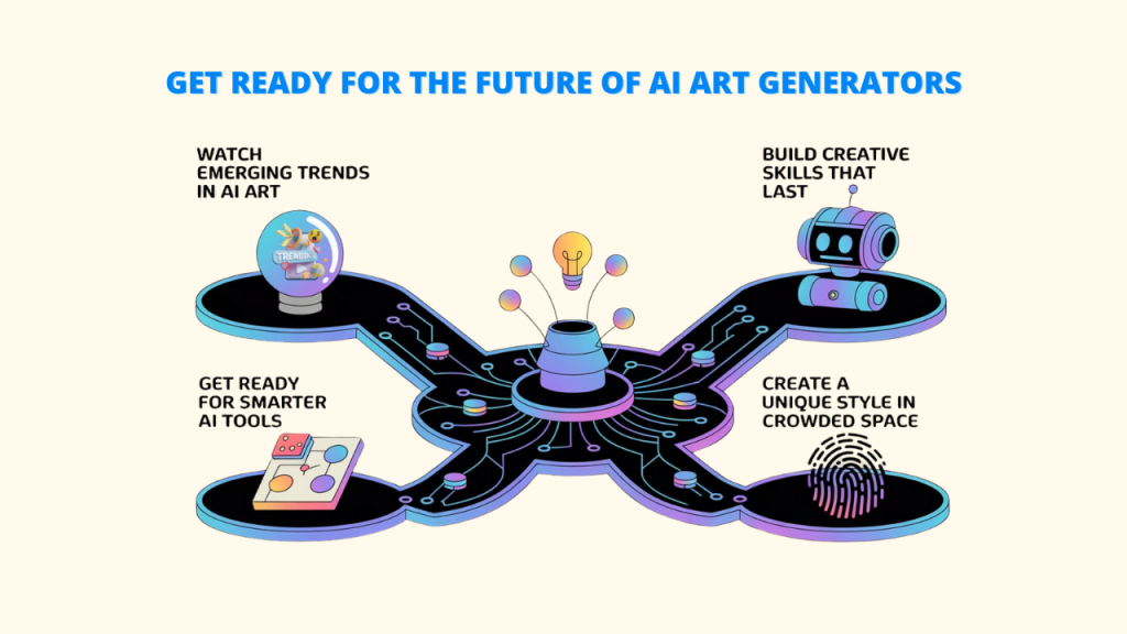An infographic with a central hub connected to four key strategies for using AI Art Generators: "Watch Emerging Trends," "Build Creative Skills," "Get Ready for Smarter AI Tools," and "Create a Unique Style," all aimed at improving AI Creations. keywords: "Al Art Generators; Al Creations"