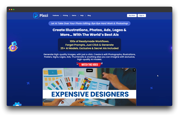 The Pixci landing page advertising the world's best AI Image Generators Without Prompts, featuring 100s of readymade workflows for creating illustrations, photos, and logos with just a click. Al Image Generators Without Prompts: Image Generation: Al Image Generators