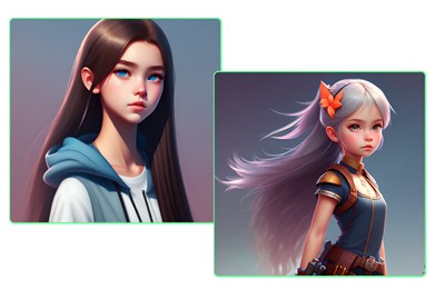 A digital artwork showing two anime-style characters, a brown-haired girl with blue eyes and a white-haired girl with a floral hair accessory. Al Art Generator : Al Art: Top Al Art Generators