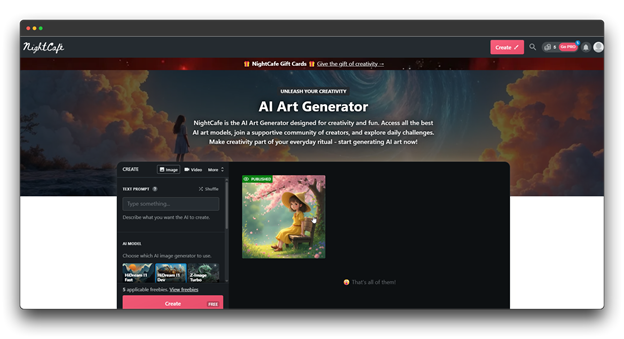 A screenshot of the NightCafe Studio interface, an AI Art Generator designed for creativity and fun. It stands as one of the popular AI image generator tools, offering a text-to-image realistic AI image generator with access to various community-driven AI Image Generators.