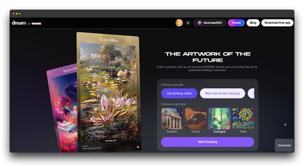 Screenshot of the Dream by WOMBO website, titled "The Artwork of the Future," which allows users to enter a prompt and choose an art style (Realistic, Comic, Analogue, Paint) to create AI-powered paintings. Keywords: AI Image Generator, Image Generator, AI Art.
