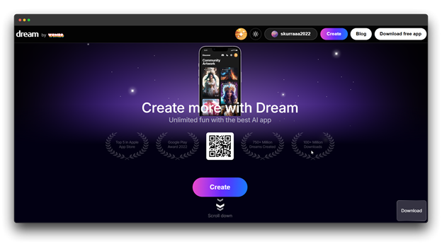 Screenshot of the Dream by Wombo AI Image Generator app interface, emphasizing 'Create more with Dream' and highlighting achievements like top app store rankings and millions of downloads. It positions itself as a Best High-Quality AI Image Generator for mobile."
