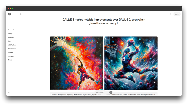 Screenshot comparing a DALL-E 2 generated image and a DALL-E 3 generated image of a basketball player dunking, showcasing DALL-E 3's improvements. Keywords: DALL-E, AI Image Generator, Image Generator.