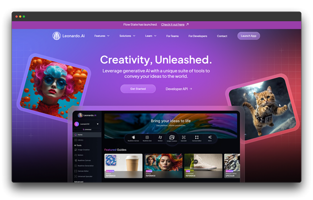 Screenshot of the Leonardo.AI website, showcasing 'Creativity, Unleashed.' with vibrant AI-generated images and an interface preview. This platform is designed as a powerful AI Image Generator for diverse creative needs, aiming to be a Best High-Quality AI Image Generator.