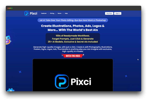 "Screenshot of the Pixci website, promoting its capabilities to 'Create Illustrations, Photos, Ads, Logos & More...With The World's Best AIs.' It emphasizes generating high-quality images with exclusive models, positioning Pixci as a Best High-Quality AI Image Generator."