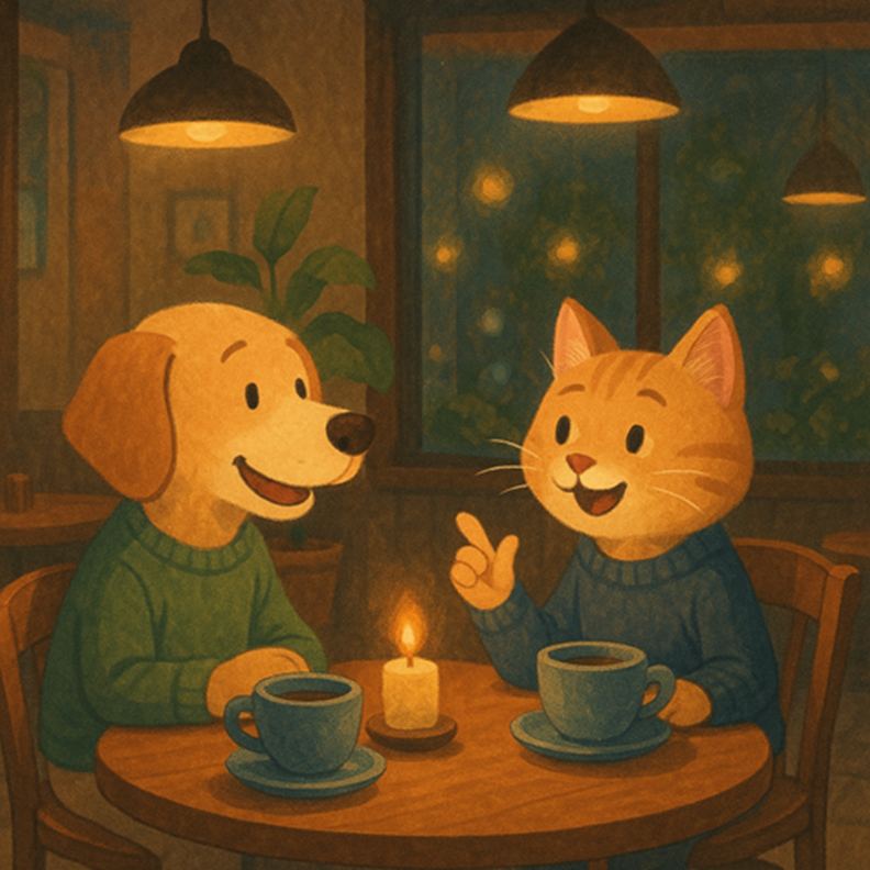 An illustration of a dog and a cat wearing sweaters, sitting together at a small cafe table with coffee cups. Al Art Generator : Al Art: Top Al Art Generators