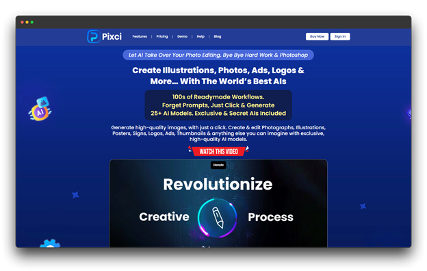 A screenshot of the Pixci homepage, a platform for creating illustrations, photos, and logos. It is marketed as one of the top AI image generator tools, featuring over 25 AI Image Generators and 100s of readymade workflows to function as a high-quality realistic AI image generator.