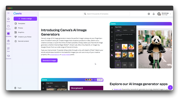 Alt text: Screenshot of the Canva website introducing its "AI Image Generators," showcasing a "Magic Media" feature that generates an image of a panda riding a bike. Keywords: Canva, AI Image Generator, Image Generator.