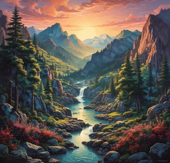 A serene landscape painting of a lush green valley with a river flowing through it, surrounded by majestic mountains at sunset. Al Art Generator : Al Art: Top Al Art Generators