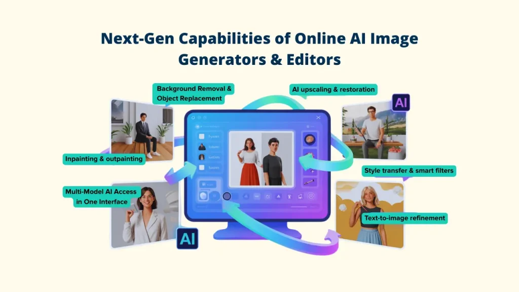 A detailed display of the "Next-Gen Capabilities of Online AI Image Generator & Editor Tools," featuring advanced functions like inpainting, background removal, style transfer, and text-to-image refinement. Online Al Image Generator & Edtor: Online Al Image Generator: AI Image Generator