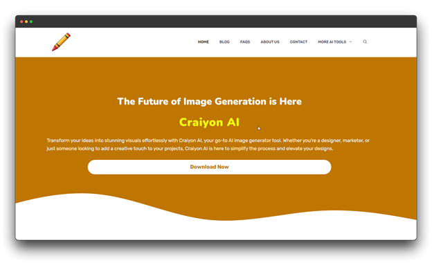 A screenshot of the Crayon AI website homepage. The page features a yellow background, a logo of a crayon, and the headline "The Future of Image Generation is Here." Below, there's a description of Crayon AI's capabilities and a button labeled "Download Now."
