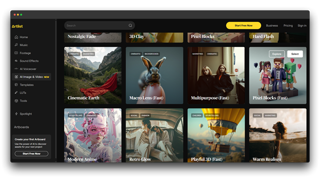 Alt text: Screenshot of the Artlist website showcasing various AI image and video styles such as "Nostalgic Fade," "3D Clay," "Pixel Blocks," "Modern Anime," and "Retro Glow." Keywords: AI Image Generator, Image Generator, AI Art.