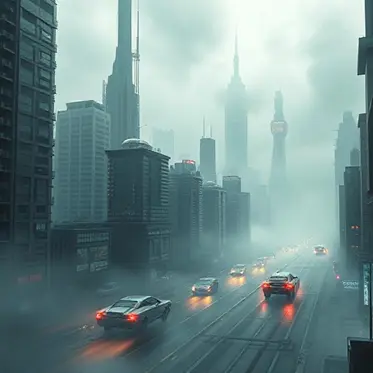 An example of an AI Creation, a realistic-looking digital image of a foggy city street with cars driving on a wet road. Al Art Generators; Al Creations