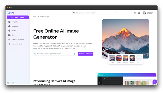 A screenshot of the Canva website's AI Image Generator tool. The page features a text box for users to enter their desired image description, a button labeled "Generate AI Image," and a preview of sample images that can be generated. The page also includes a sidebar with various design tools and templates.