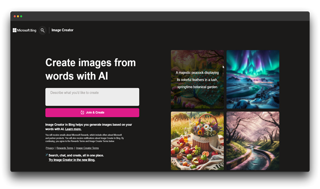 A screenshot of the Microsoft Bing Image Creator website. The page features a dark background with the headline "Create images from words with AI." There's a text box for users to enter their desired image description, a button labeled "Join & Create," and a preview of sample images generated by the tool.
