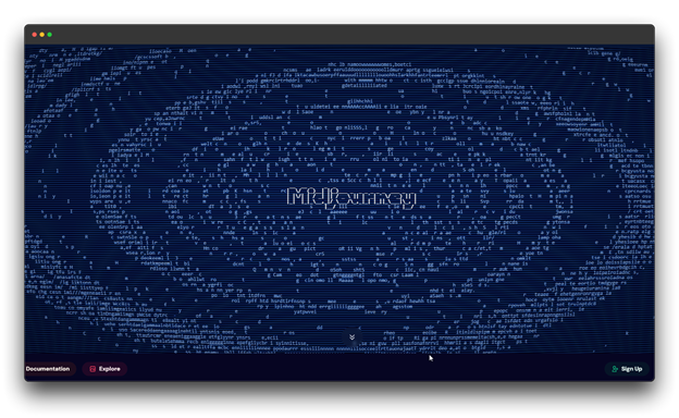 A screenshot of a website with a dark background and blue text. The website's logo, "Midjourney," is displayed in the center, surrounded by lines of code and a circular pattern. The words "Documentation" and "Explore" are visible in the top left corner, and "Sign Up" is in the top right.