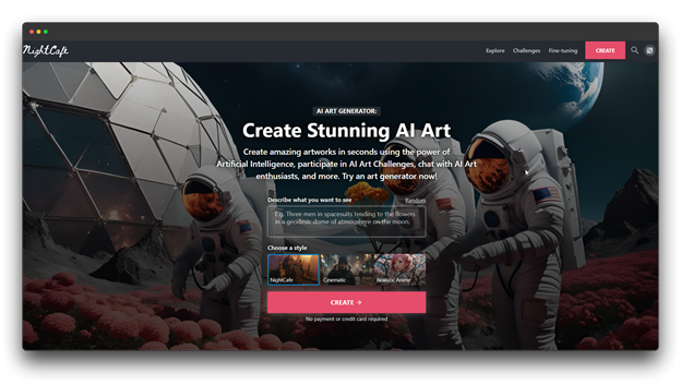 A screenshot of the NightCafe AI Art Generator website homepage. The page features a large, dark background image of astronauts on a desolate planet, with the headline "Create Stunning AI Art." Below, there's a description of the platform's features, a text box for users to describe their desired image, a dropdown menu to select a style, and a button labeled "CREATE."