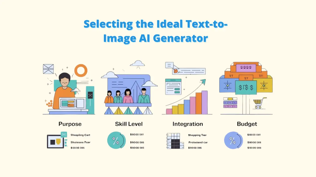 A graphic illustrating the process of selecting the ideal text-to-image AI generator. The image shows four key factors: purpose, skill level, integration, and budget, represented by different icons and data visualizations.