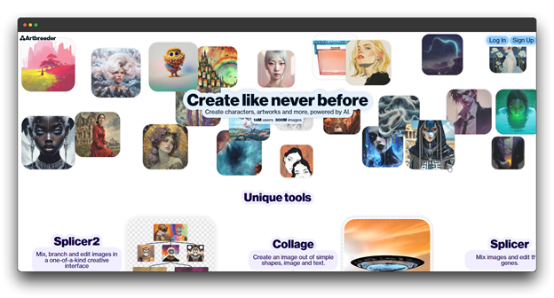 Screenshot of the Artbreeder AI Image Generator website, showcasing a variety of AI-generated images and highlighting unique tools like Splice and Collage. This platform is a strong candidate for a Best High-Quality AI Image Generator."