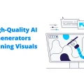 Title slide for a blog post: 'Best High-Quality AI Image Generators for Stunning Visuals in 2025,' featuring a robot character interacting with a computer displaying an image generation interface. This directly addresses the topic of finding a Best High-Quality AI Image Generator."