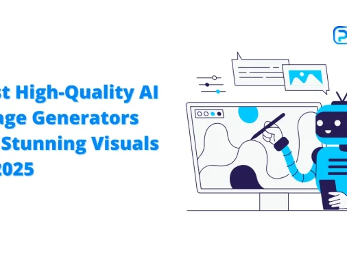 Title slide for a blog post: 'Best High-Quality AI Image Generators for Stunning Visuals in 2025,' featuring a robot character interacting with a computer displaying an image generation interface. This directly addresses the topic of finding a Best High-Quality AI Image Generator."