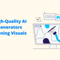 Title slide for a blog post: 'Best High-Quality AI Image Generators for Stunning Visuals in 2025,' featuring a robot character interacting with a computer displaying an image generation interface. This directly addresses the topic of finding a Best High-Quality AI Image Generator."