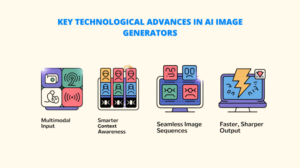 Four icons representing advancements in AI Image Generators: multimodal input, smarter context awareness, seamless image sequences, and faster, sharper output. These features define a Best High-Quality AI Image Generator.