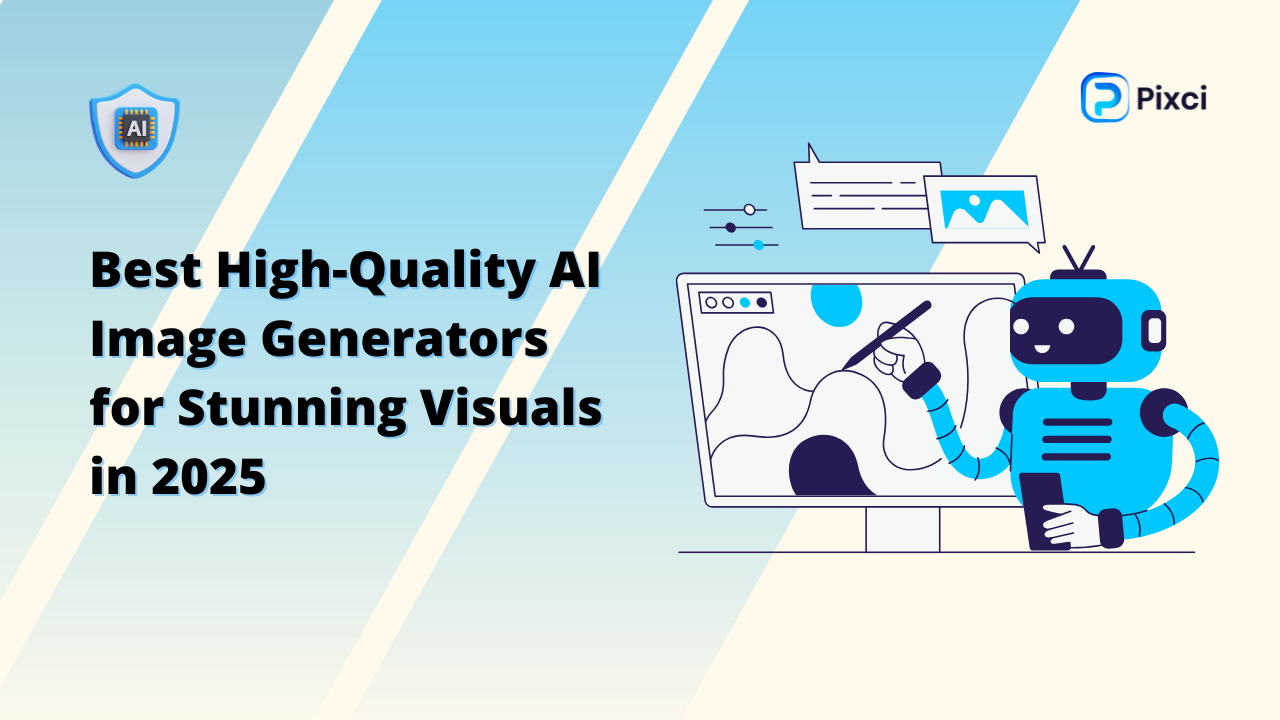 Title slide for a blog post: 'Best High-Quality AI Image Generators for Stunning Visuals in 2025,' featuring a robot character interacting with a computer displaying an image generation interface. This directly addresses the topic of finding a Best High-Quality AI Image Generator."