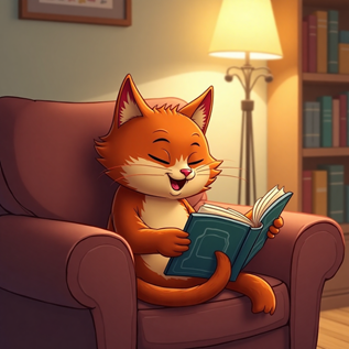 Alt Text: A cartoon-style illustration of a happy orange cat sitting comfortably in a red armchair and reading a book. The scene is cozy, with a warm lamp and a bookshelf in the background. Keywords: AI Image Generator, AI Image Generator Prompt Guide, orange cat, reading.
