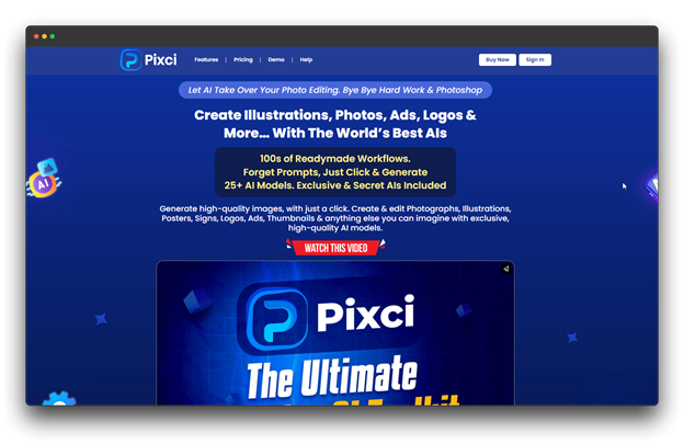 Screenshot of the Pixci website, an "AI Image Generator" that promises to create illustrations, photos, ads, and logos with over 25+ AI models. Keywords: AI Image Generator, Image Generator.