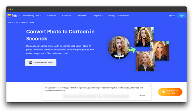 Alt text: Screenshot of the Fotor website with the headline "Convert Photo to Cartoon in Seconds." It shows an original photo of a woman being transformed into several cartoon versions. Keywords: AI Cartoon Image Generator, Photo-to-Cartoon, Image Generator.