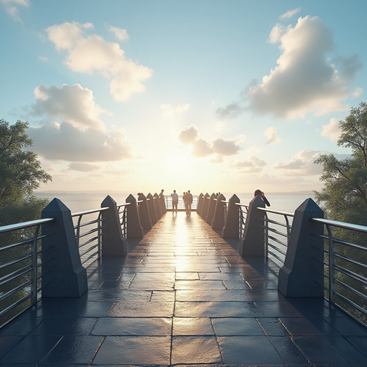 Alt Text: A high-quality, realistic photo of a stone and metal pier extending out over a body of water at sunset. A few silhouetted people are standing at the end of the pier, looking out at the bright sun. The sky is a mix of orange and blue with clouds. Keywords: AI Image Generator, AI Image Generator Prompt Guide, sunset, pier, ocean view, people.