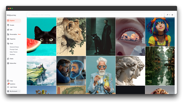 
Alt text: Screenshot of the Midjourney website showing a grid of diverse AI-generated images, including a cat with a watermelon, a lion, a person with a panther, and various stylized portraits and landscapes. Keywords: Midjourney, AI Image Generator, Image Generator.