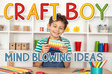 A young boy holding a colorful pop-it toy, with the text "Craft Boy: Mind Blowing Ideas" overlaid on the image. Al Art Generator : Al Art: Top Al Art Generators