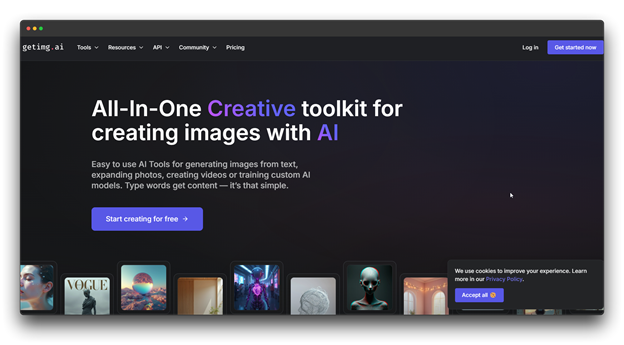 Alt text: Screenshot of the Geteing.ai website with the title "All-In-One Creative toolkit for creating images with AI." The page features a variety of AI-generated images at the bottom. Keywords: AI Image Generator, Image Generator.