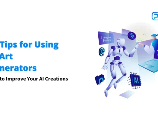 A blog post title graphic that says "11 Tips for Using AI Art Generators" and "How to Improve Your AI Creations." The image features a futuristic illustration of a person and a robot interacting with a laptop. keywords: "Al Art Generators; Al Creations"