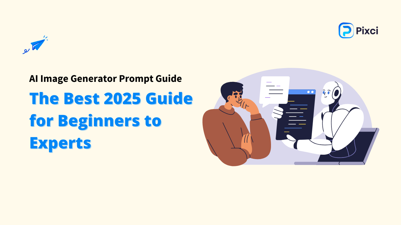Alt Text: An illustrated guide to AI image generation for beginners and experts titled "AI Image Generator Prompt Guide: The Best 2025 Guide for Beginners to Experts". The image shows a person and a robot working together on a computer screen. Keywords: AI Image Generator Prompt Guide, AI Image Generator.