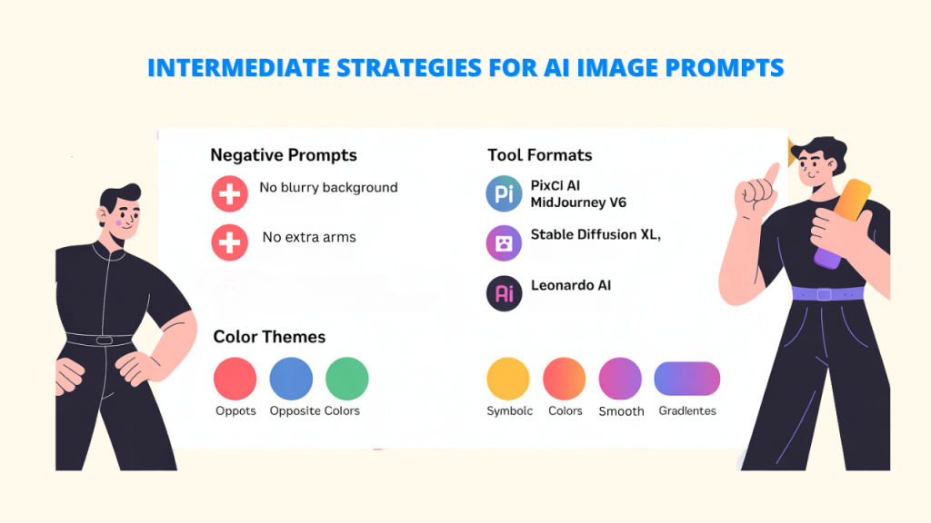 Alt Text: An infographic detailing advanced AI image generation techniques. The image covers "Negative Prompts" like "No blurry background" and "No extra arms", "Tool Formats" for Midjourney, Stable Diffusion XL, and Leonardo AI, and "Color Themes" like "Opposite Colors" and "Gradients". Keywords: AI Image Generator Prompt Guide, AI Image Generator.