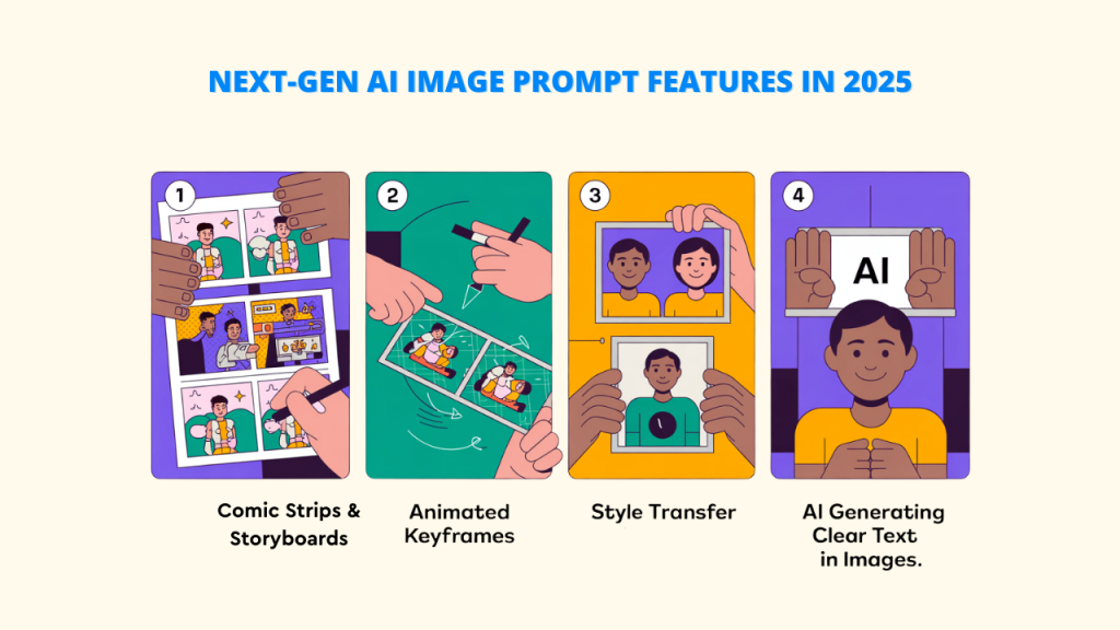 Alt Text: A four-panel illustration showing the diverse applications of AI image generation. The panels depict "Comic Strips & Storyboards", "Animated Keyframes", "Style Transfer", and "AI Generating Clear Text in Images". Keywords: AI Image Generator Prompt Guide, AI Image Generator.
