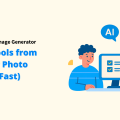 Image with the title "AI Cartoon Image Generator" and a subheading "Best Tools from Text or Photo (Fun & Fast)." It shows a person sitting at a computer with an AI robot beside them. Keywords: AI Cartoon Image Generator, Text-to-Image, Photo-to-Cartoon, Image Generator.