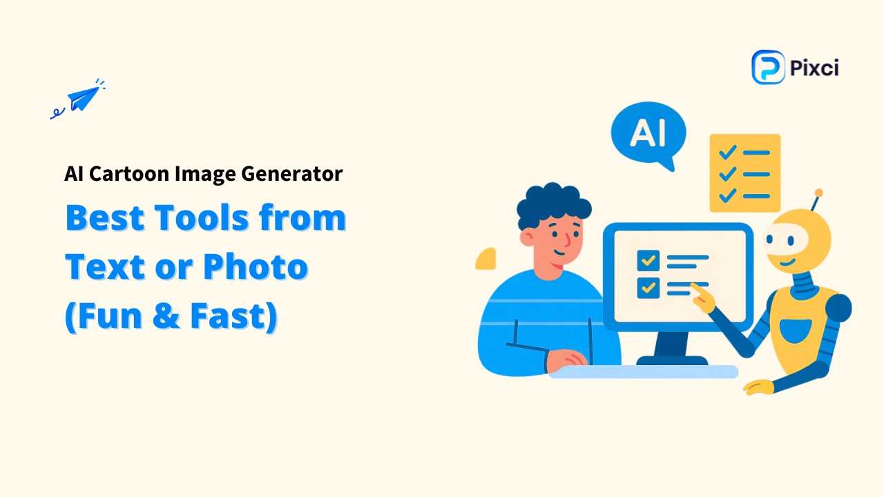 Image with the title "AI Cartoon Image Generator" and a subheading "Best Tools from Text or Photo (Fun & Fast)." It shows a person sitting at a computer with an AI robot beside them. Keywords: AI Cartoon Image Generator, Text-to-Image, Photo-to-Cartoon, Image Generator.
