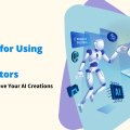 A blog post title graphic that says "11 Tips for Using AI Art Generators" and "How to Improve Your AI Creations." The image features a futuristic illustration of a person and a robot interacting with a laptop. keywords: "Al Art Generators; Al Creations"