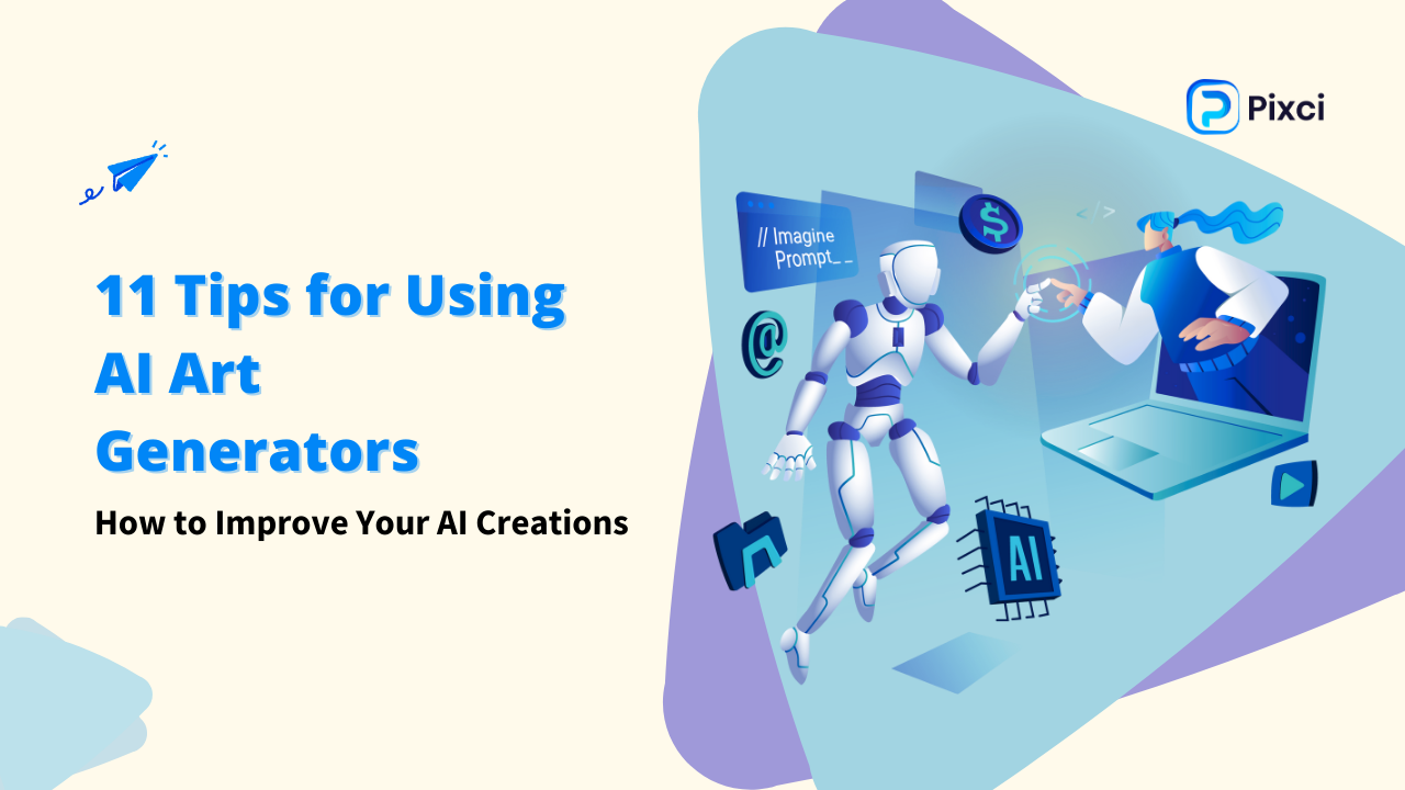 A blog post title graphic that says "11 Tips for Using AI Art Generators" and "How to Improve Your AI Creations." The image features a futuristic illustration of a person and a robot interacting with a laptop. keywords: "Al Art Generators; Al Creations"